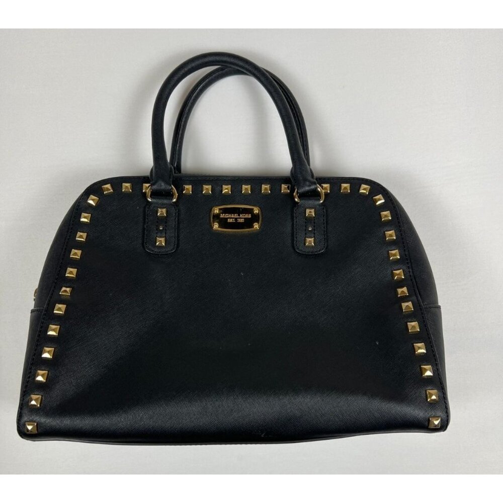 Michael Kors Women Large Selma Black Saffiano Leather Studded Satchel Bag